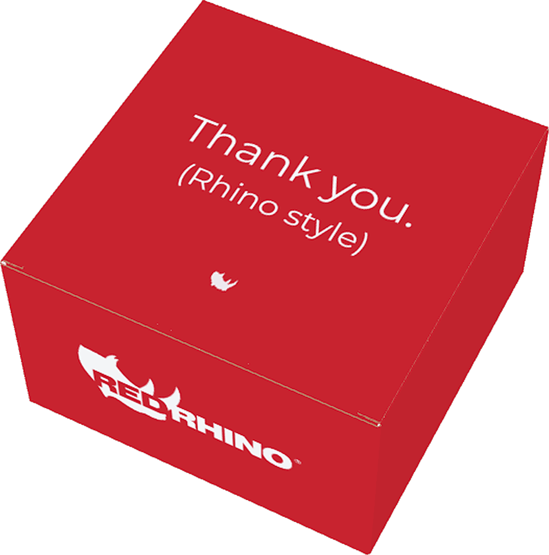 A RED RHINO grace note box, lid printed with “Thank you. (Rhino style)”